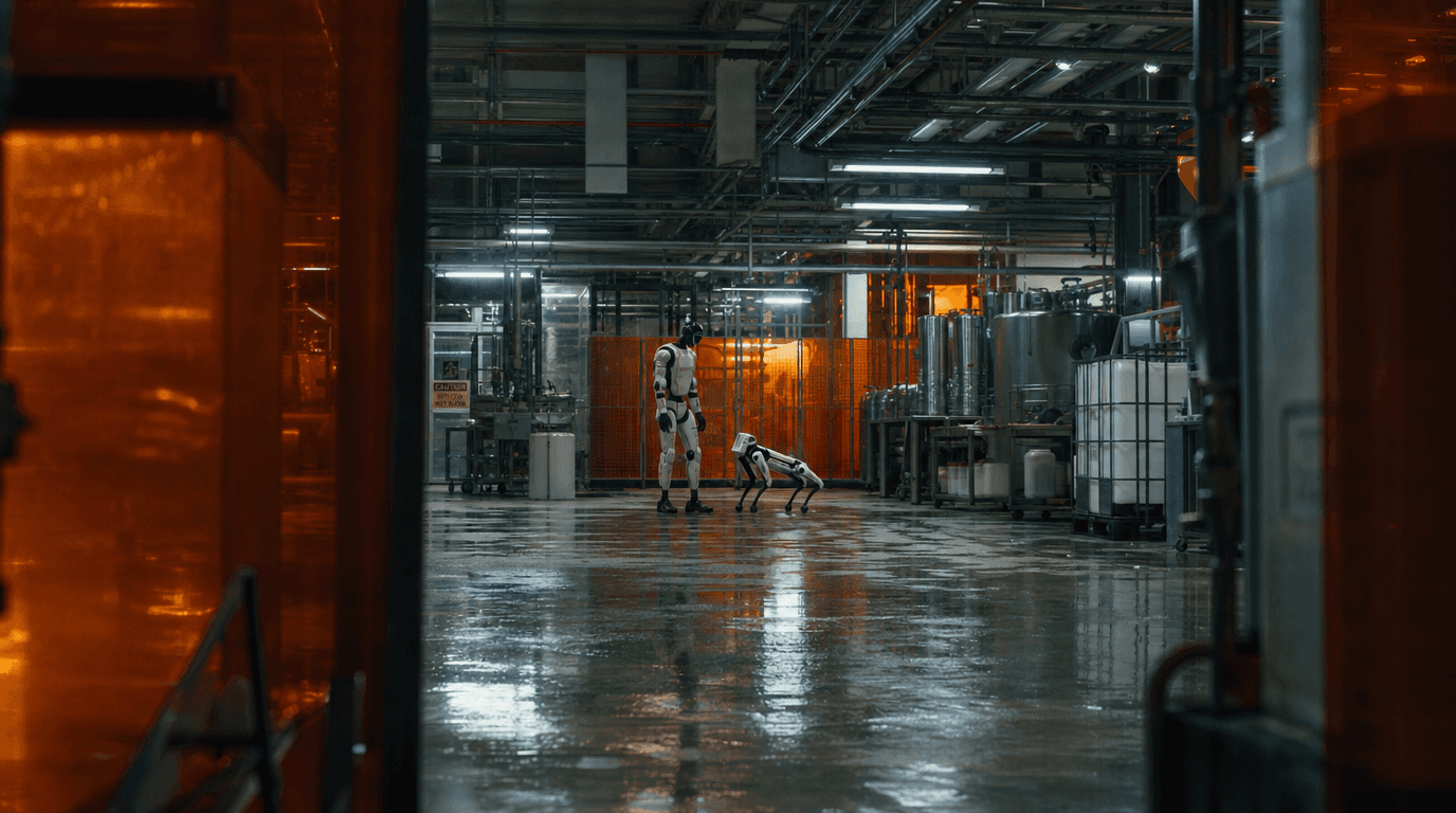 A humanoid robot and a quadruped robot working together on an industrial factory floor