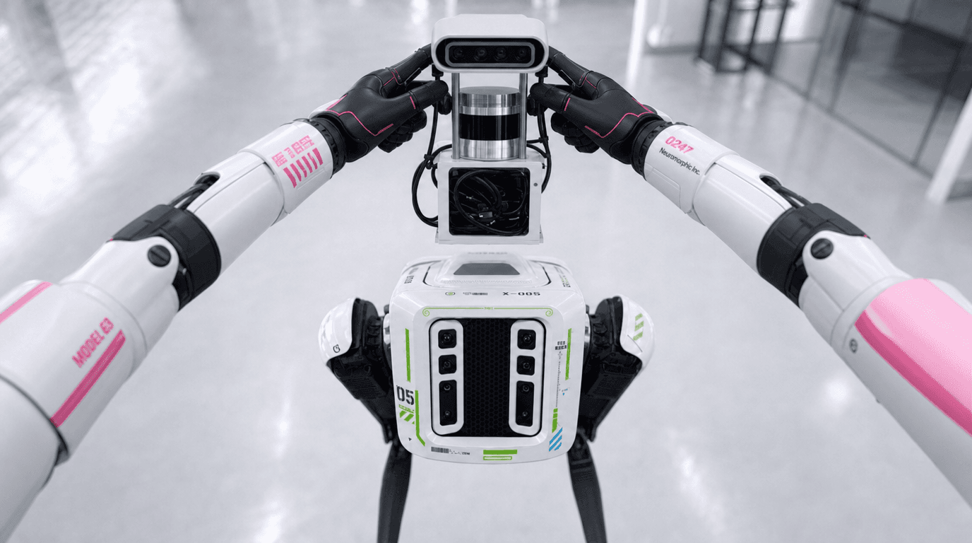 Two robotic arms assembling a sensor module above a quadruped robot